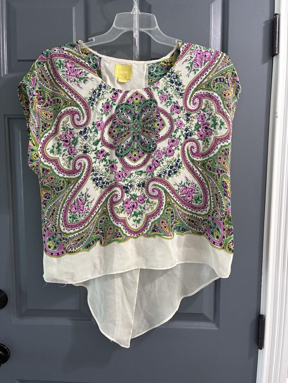 Anthropologie MAEVE Komal Blouse Floral Paisley High Lo Cream pink silk SZ 10